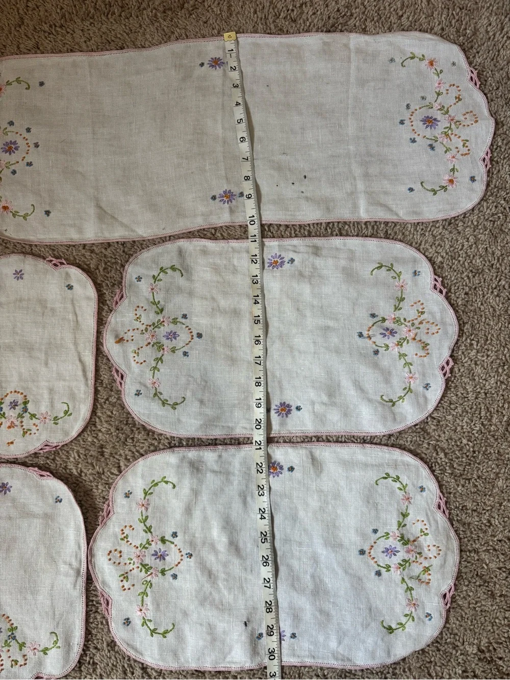 Embroidered Linen Table Runner and Placemat and NapkinSet in White w/ Pink Trim